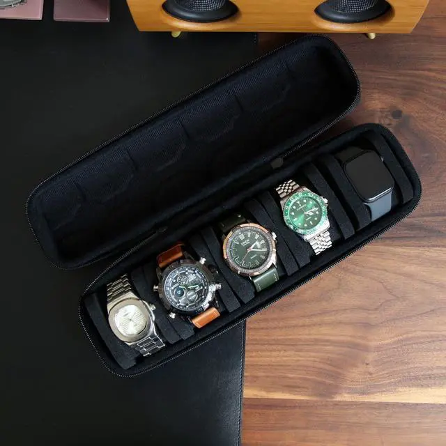 Alt view image 2 of 6 - Hard watch box organizer for men or Women 5 watch travel case Portable Storage watch display holder for Wristwatches and Smart Watches up to 55mm (BLACK 5 SLOT)