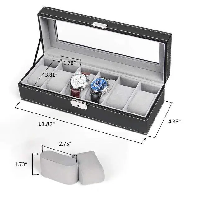 Alt view image 2 of 7 - 6 Slots Watch Box Organizer for Men, Black Watch Holder Display Case