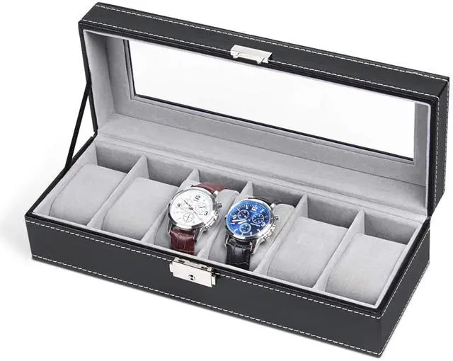 Main image of 6 Slots Watch Box Organizer for Men, Black Watch Holder Display Case