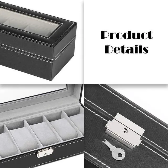 Alt view image 5 of 7 - 6 Slots Watch Box Organizer for Men, Black Watch Holder Display Case
