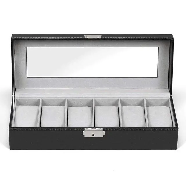 Alt view image 7 of 7 - 6 Slots Watch Box Organizer for Men, Black Watch Holder Display Case