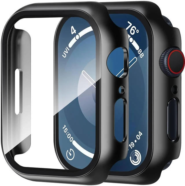 Main image of 2 Pack Case Compatible with Apple Watch Series 9 (2023)/Series 8 /Series 7 45mm with Tempered Glass Screen Protector, Hard PC Overall Protective Cover- Black