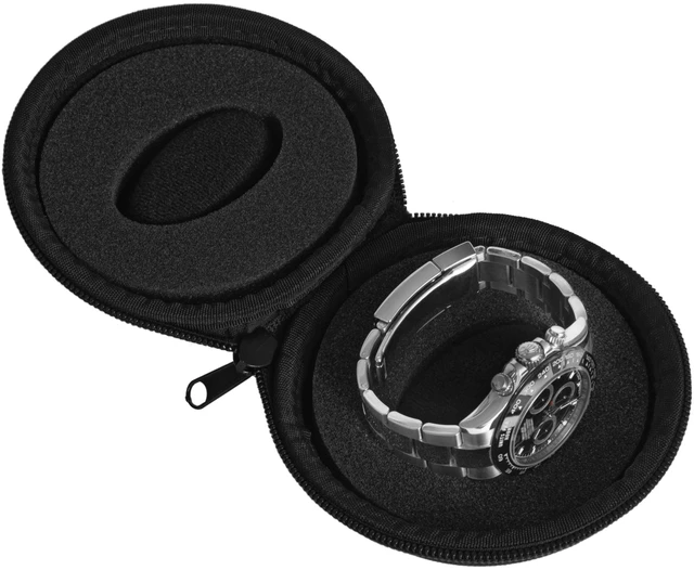 Alt view image 3 of 7 - Travel Watch Case | Single Watch Box w/Zipper for Storage | Cushioned Round Portable Watch Case for Travel | Fits all Wristwatches and Smart Watches up to 50mm (Black)