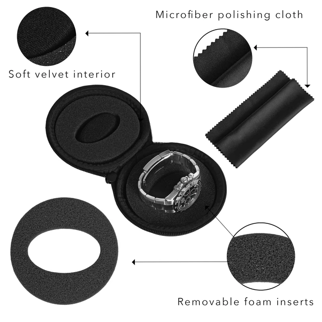 Alt view image 7 of 7 - Travel Watch Case | Single Watch Box w/Zipper for Storage | Cushioned Round Portable Watch Case for Travel | Fits all Wristwatches and Smart Watches up to 50mm (Black)