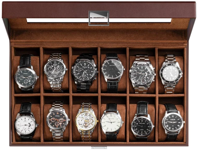 Main image of Watch Box Organizer, 12 Slot Watch Display Case, Brown