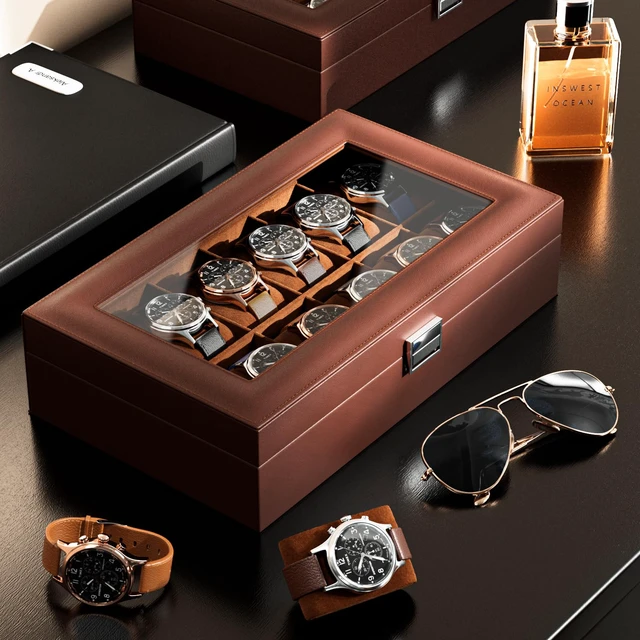 Alt view image 3 of 7 - Watch Box Organizer, 12 Slot Watch Display Case, Brown