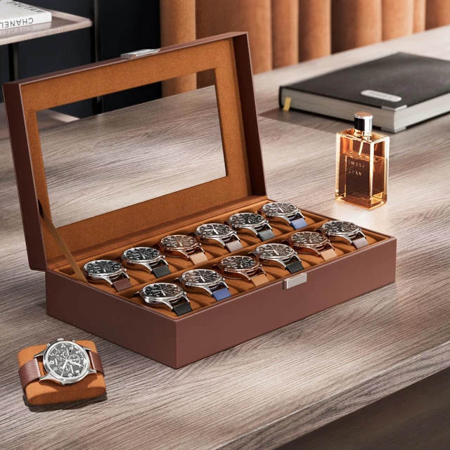 Alt view image 4 of 7 - Watch Box Organizer, 12 Slot Watch Display Case, Brown