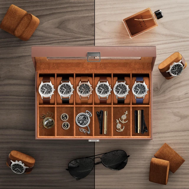 Alt view image 6 of 7 - Watch Box Organizer, 12 Slot Watch Display Case, Brown