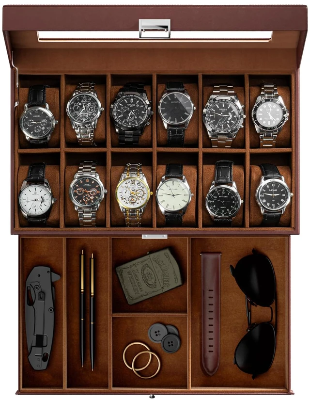 Main image of Watch Box, 12 Slot Watch Case for Men with Drawer, Espresso
