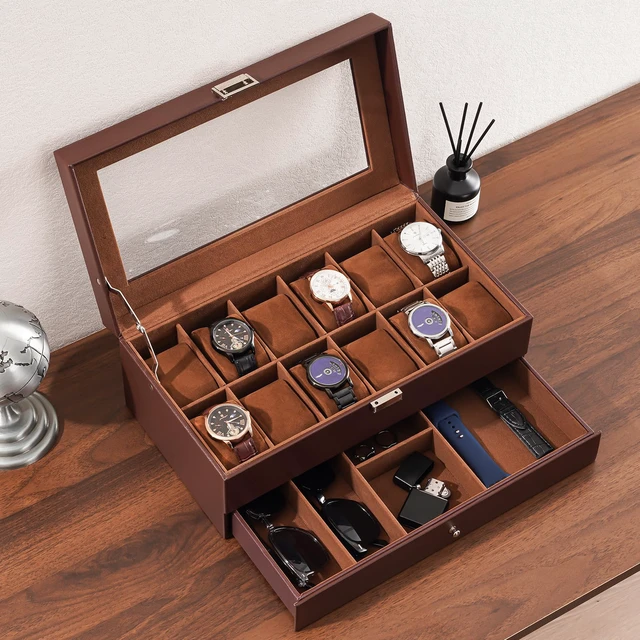 Alt view image 3 of 7 - Watch Box, 12 Slot Watch Case for Men with Drawer, Espresso