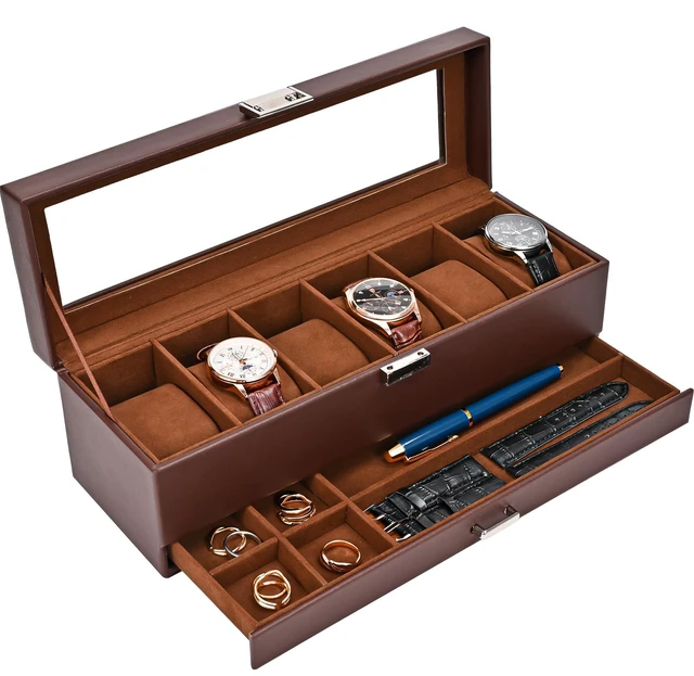 Main image of Watch Box, 6 Slot Watch Display Case with Drawer -Espresso