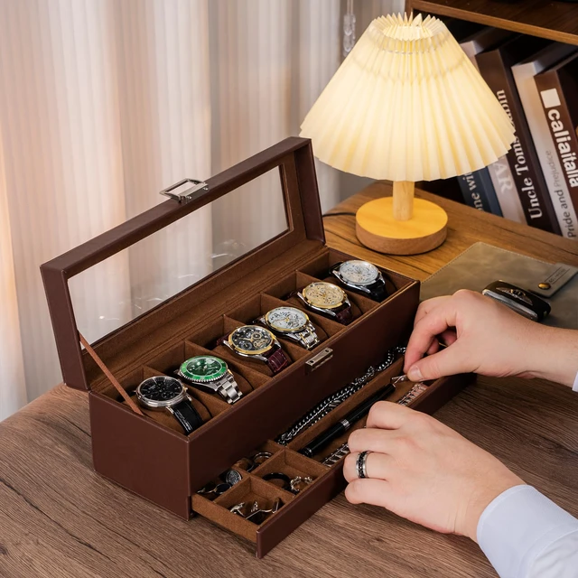 Alt view image 5 of 7 - Watch Box, 6 Slot Watch Display Case with Drawer -Espresso