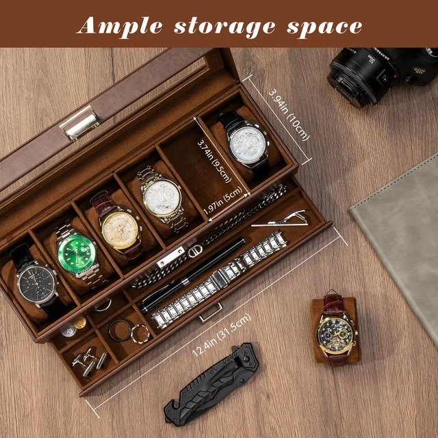 Alt view image 3 of 7 - Watch Box, 6 Slot Watch Display Case with Drawer -Espresso