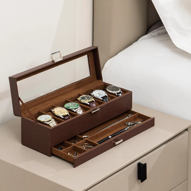 Alt view image 7 of 7 - Watch Box, 6 Slot Watch Display Case with Drawer -Espresso