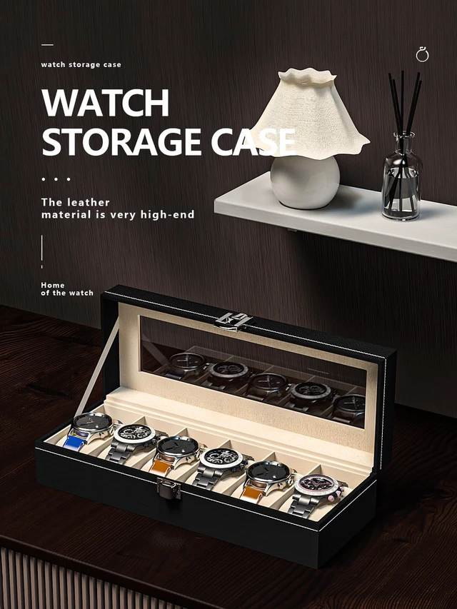 Alt view image 2 of 6 - Watch Display Case For Men,Leather Watch Organizer Box,Watch Travel Organizer Tray,Watch Collection Storge Holder For Women (Black Leather, 6 Slots)