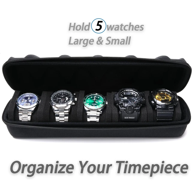 Alt view image 2 of 7 - 5 slots Watch travel case, hard watch storage organizer box with soft foam insert, watch holder, fit up to 55mm face watch