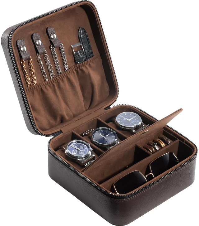 Main image of Travel Watch Case, 3 Slots Mens Jewelry Box -Brown