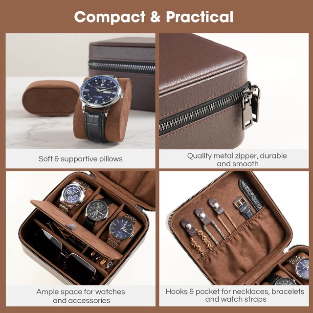 Alt view image 4 of 7 - Travel Watch Case, 3 Slots Mens Jewelry Box -Brown