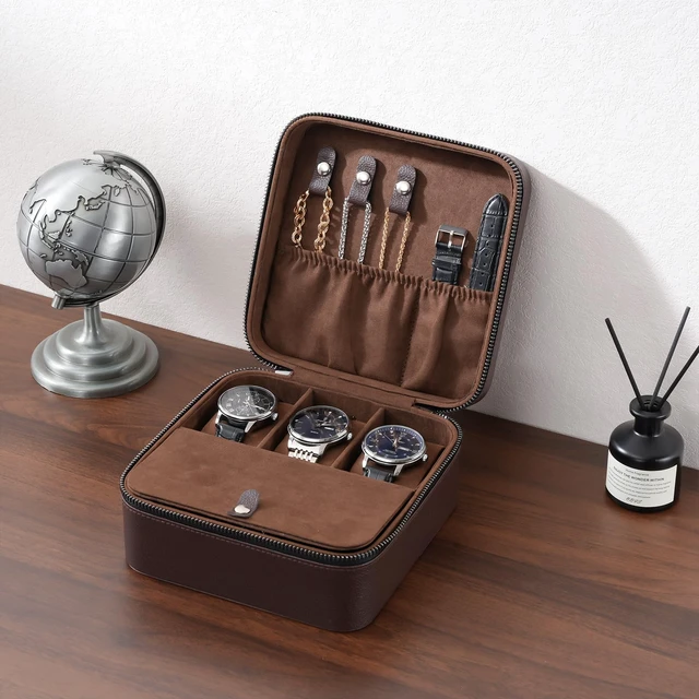 Alt view image 5 of 7 - Travel Watch Case, 3 Slots Mens Jewelry Box -Brown