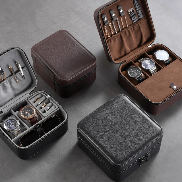 Alt view image 7 of 7 - Travel Watch Case, 3 Slots Mens Jewelry Box -Brown