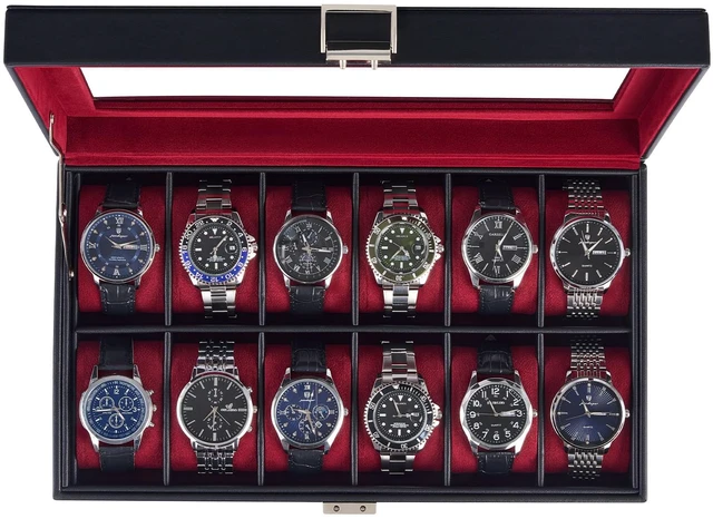 Main image of Watch Case for Men, 12 Slot Display Box with Large Glass Lid