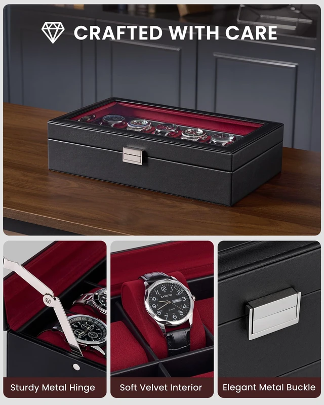 Alt view image 2 of 7 - Watch Case for Men, 12 Slot Display Box with Large Glass Lid