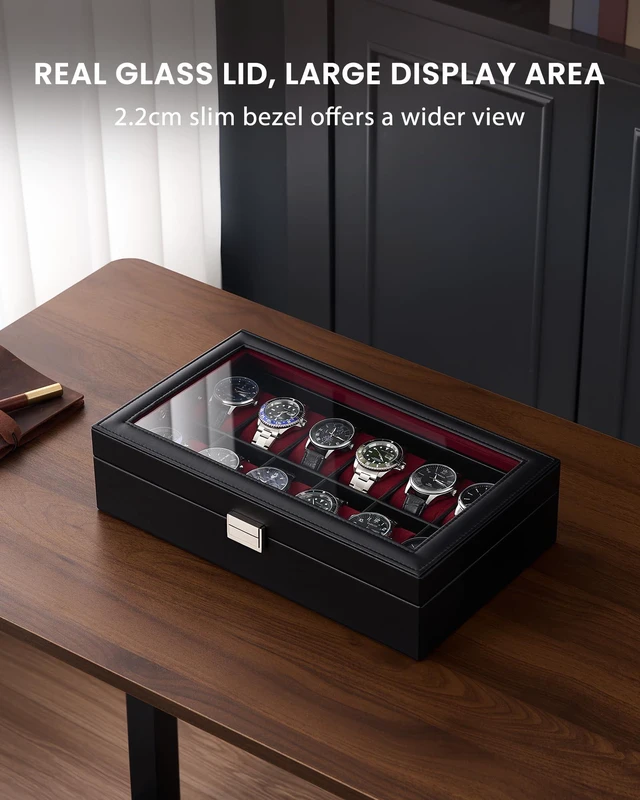 Alt view image 3 of 7 - Watch Case for Men, 12 Slot Display Box with Large Glass Lid