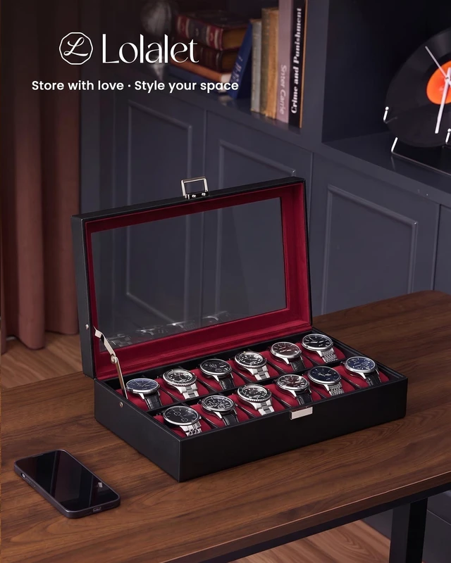 Alt view image 4 of 7 - Watch Case for Men, 12 Slot Display Box with Large Glass Lid