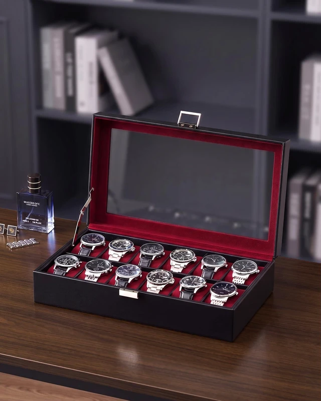 Alt view image 6 of 7 - Watch Case for Men, 12 Slot Display Box with Large Glass Lid