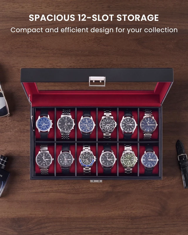 Alt view image 5 of 7 - Watch Case for Men, 12 Slot Display Box with Large Glass Lid