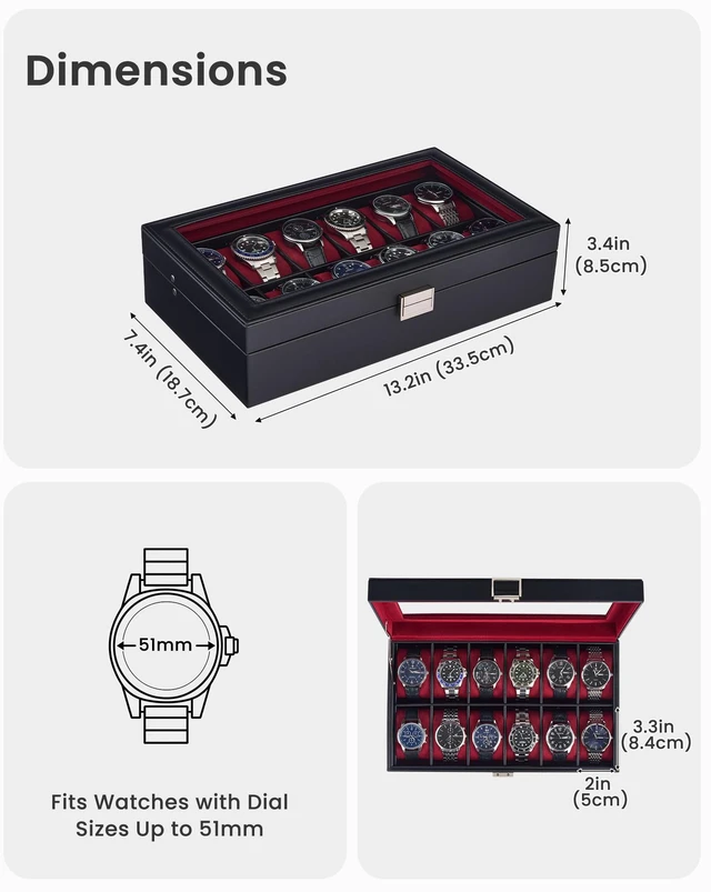 Alt view image 7 of 7 - Watch Case for Men, 12 Slot Display Box with Large Glass Lid