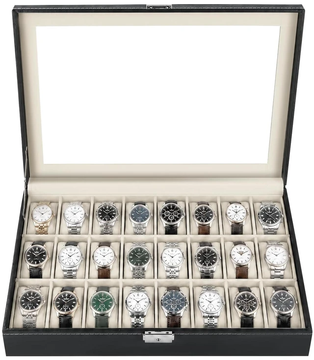 Main image of Watch Box 24 Slots, Elegant Watch Display Case Glass Top (Beige)