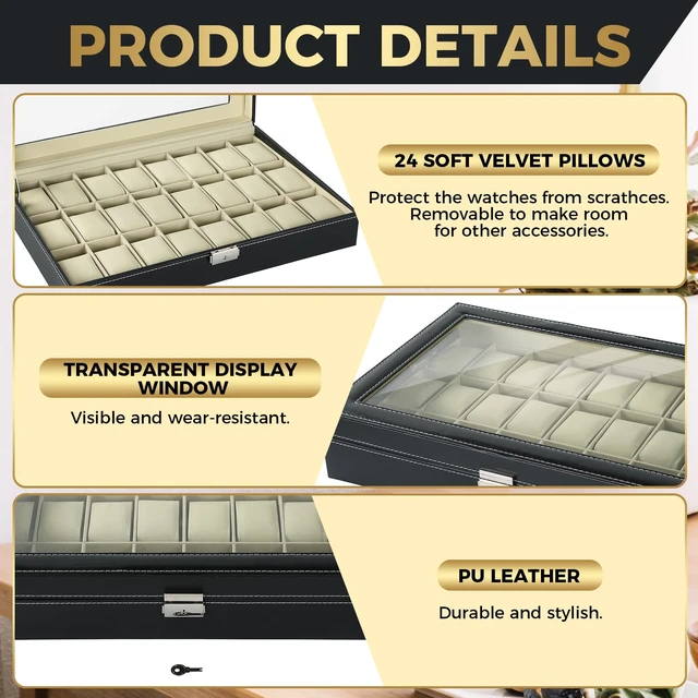 Alt view image 3 of 6 - Watch Box 24 Slots, Elegant Watch Display Case Glass Top (Beige)