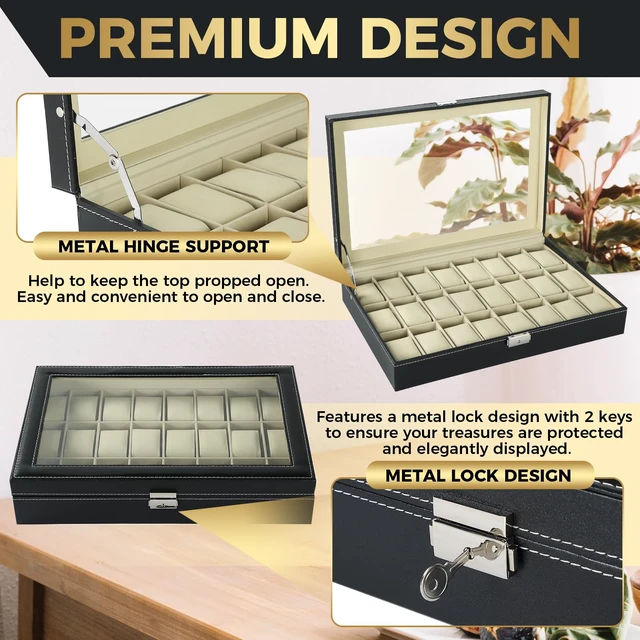Alt view image 4 of 6 - Watch Box 24 Slots, Elegant Watch Display Case Glass Top (Beige)