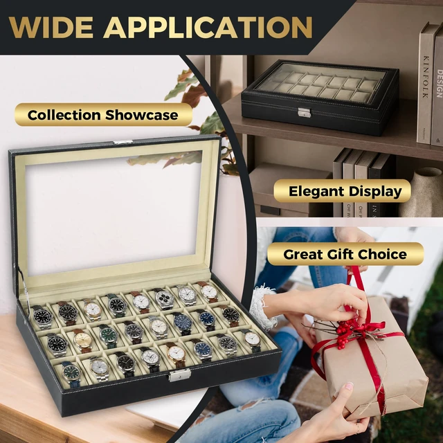 Alt view image 6 of 6 - Watch Box 24 Slots, Elegant Watch Display Case Glass Top (Beige)