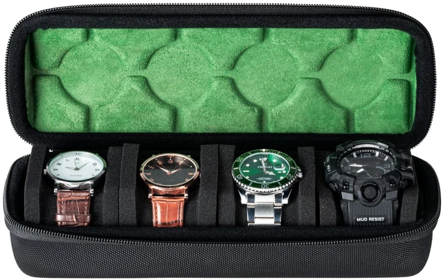 Main image of 4 slots Watch travel case, hard watch box storage organize holder, with soft foam insert fit watches up to 55mm face,green microfiber lining