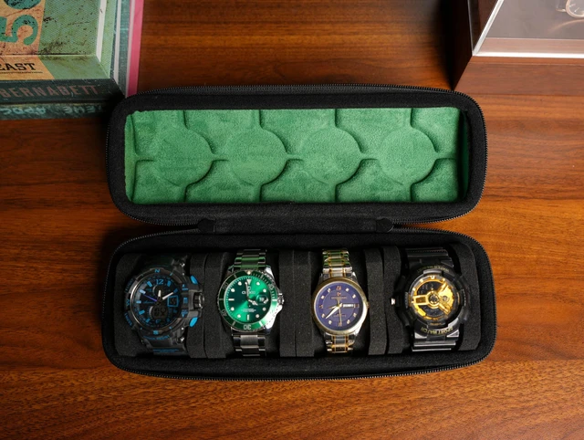 Alt view image 5 of 7 - 4 slots Watch travel case, hard watch box storage organize holder, with soft foam insert fit watches up to 55mm face,green microfiber lining