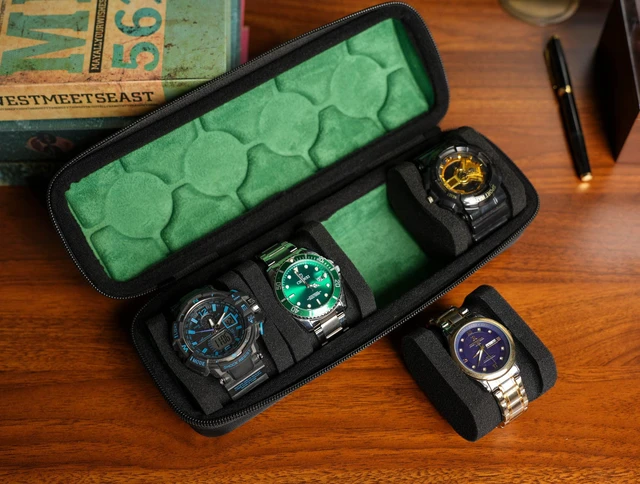 Alt view image 7 of 7 - 4 slots Watch travel case, hard watch box storage organize holder, with soft foam insert fit watches up to 55mm face,green microfiber lining