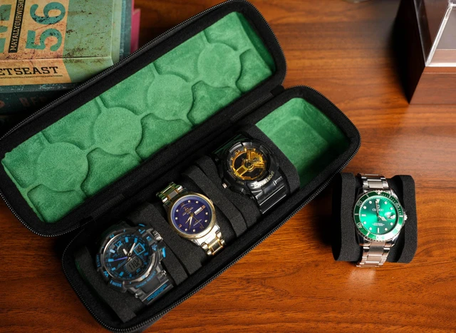 Alt view image 6 of 7 - 4 slots Watch travel case, hard watch box storage organize holder, with soft foam insert fit watches up to 55mm face,green microfiber lining