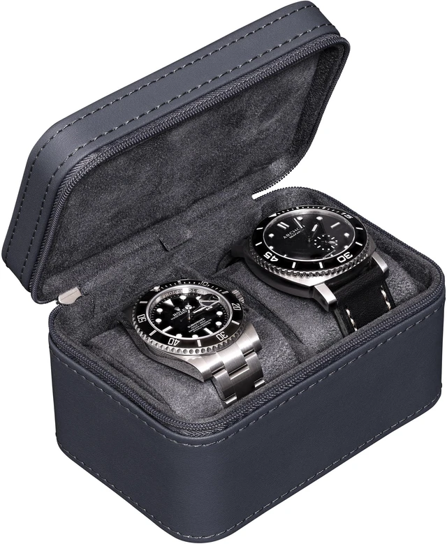 Main image of 2 Watch Travel Case for Men | Compact PU Leather Protective Box with Microsuede Interior | Fits Watches & Smartwatches Up to 55mm (Carbon)