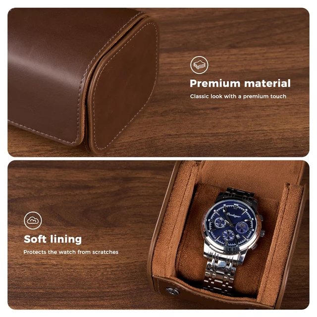 Alt view image 5 of 7 - Watch Travel Case, Single PU Leather Watch Roll Box for Men, Brown