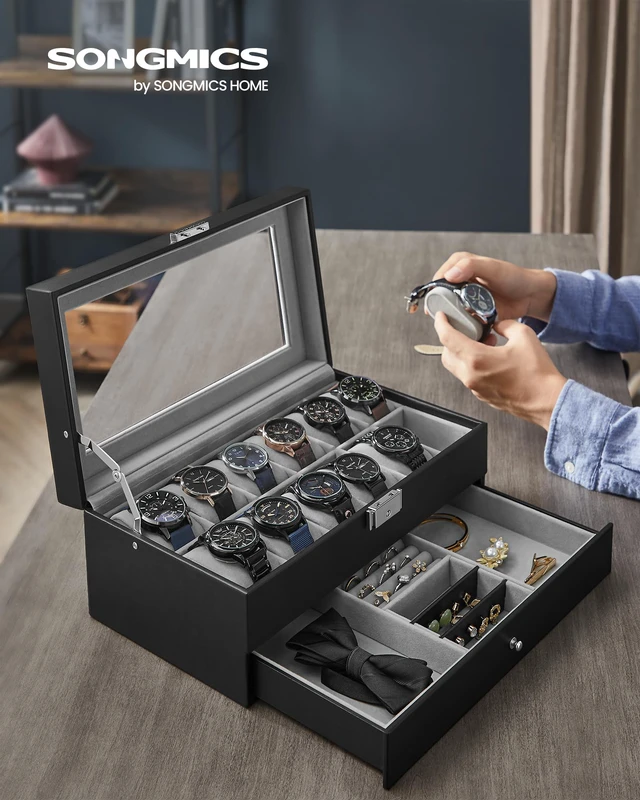 Alt view image 2 of 7 - Watch Box, 12-Slot Watch Case Organizer with Large Glass Lid, 2 Layers, Removable Pillows, Metal Lock, Gift for Loved Ones, Black Synthetic Leather, Gray Lining UJWB012