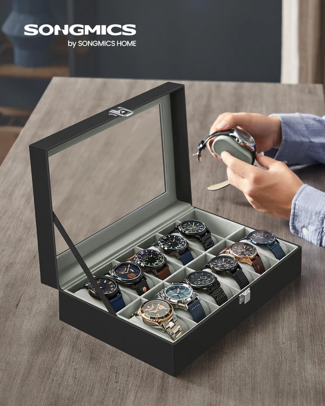 Alt view image 2 of 7 - Watch Box, 12-Slot Watch Case Organizer with Large Glass Lid, Removable Pillows, Gift for Loved Ones, Black Synthetic Leather, Gray Lining UJWB12BK