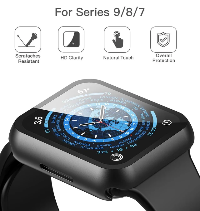 Alt view image 3 of 7 - 2 Pack Hard PC Case with Tempered Glass Screen Protector Compatible with Apple Watch Series 9 (2023) Series 8 Series 7 45mm, Ultra-Thin Scratch Resistant Cover for iWatch S9/S8/S7, Black