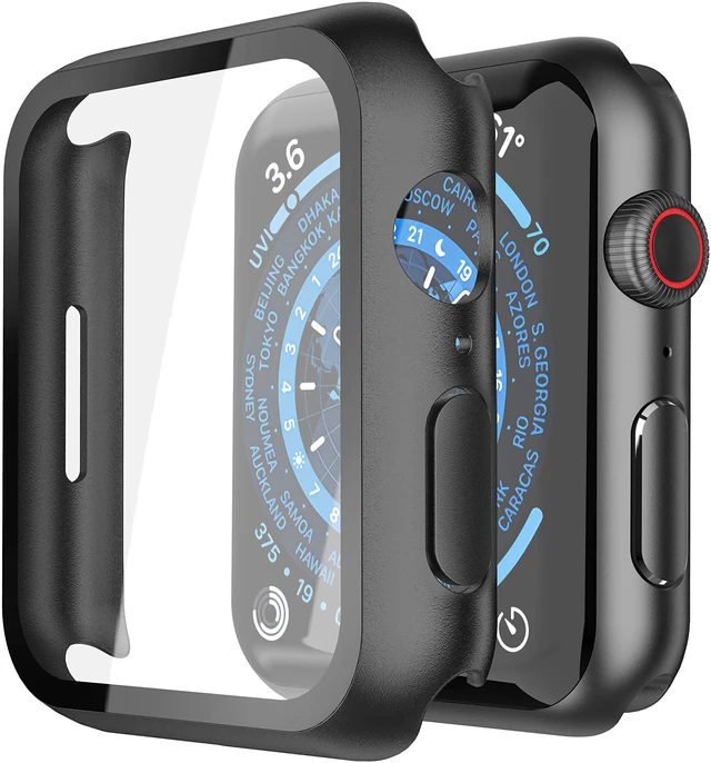 Main image of 2 Pack Hard PC Case with Tempered Glass Screen Protector Compatible with Apple Watch Series 9 (2023) Series 8 Series 7 45mm, Ultra-Thin Scratch Resistant Cover for iWatch S9/S8/S7, Black
