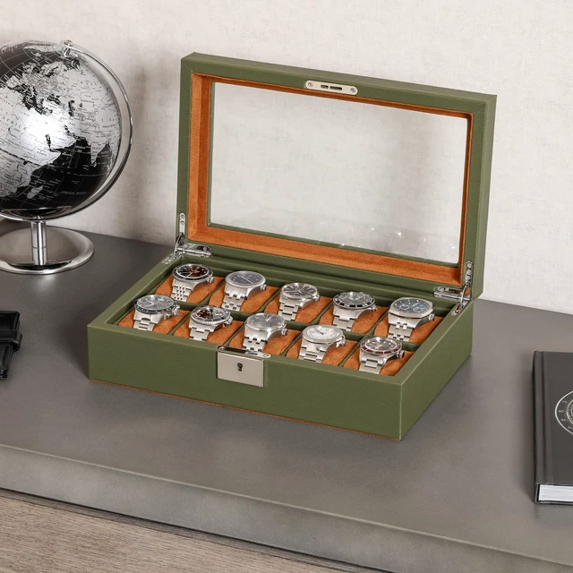 Alt view image 3 of 7 - 10 Slot Leather Watch Box - Luxury Case Display Jewelry Organizer - Locking Watch Display Case Holder with Large Glass Top - Box Organizer for Men and Women (Green/Tan)