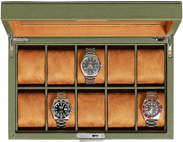 Main image of 10 Slot Leather Watch Box - Luxury Case Display Jewelry Organizer - Locking Watch Display Case Holder with Large Glass Top - Box Organizer for Men and Women (Green/Tan)