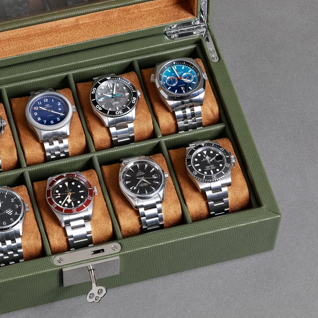 Alt view image 5 of 7 - 10 Slot Leather Watch Box - Luxury Case Display Jewelry Organizer - Locking Watch Display Case Holder with Large Glass Top - Box Organizer for Men and Women (Green/Tan)