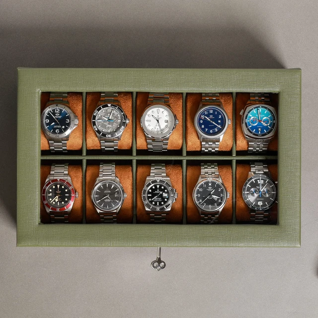 Alt view image 4 of 7 - 10 Slot Leather Watch Box - Luxury Case Display Jewelry Organizer - Locking Watch Display Case Holder with Large Glass Top - Box Organizer for Men and Women (Green/Tan)