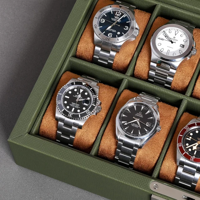 Alt view image 6 of 7 - 10 Slot Leather Watch Box - Luxury Case Display Jewelry Organizer - Locking Watch Display Case Holder with Large Glass Top - Box Organizer for Men and Women (Green/Tan)